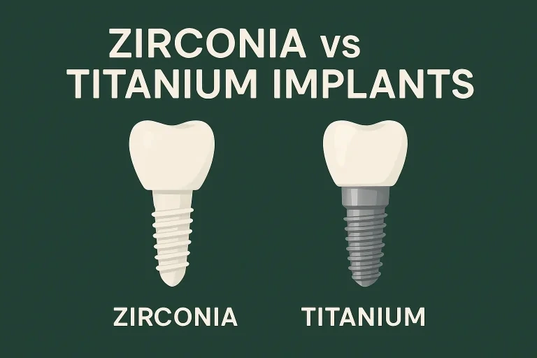 Comparison illustration of zirconia and titanium dental implants showing their different materials and colors.